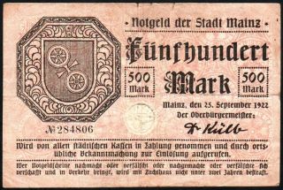 500 Mark 1922 Mainz - Series: 284806 - - 