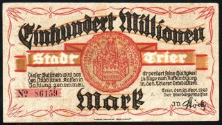 German 100 Million Mark 1923 Trier - Series: 86159 - 