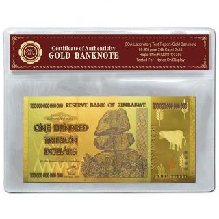 Unique Zimbabwe 100 Trillion Dollars Banknote Colorful 24k Gold Note Collectible photo