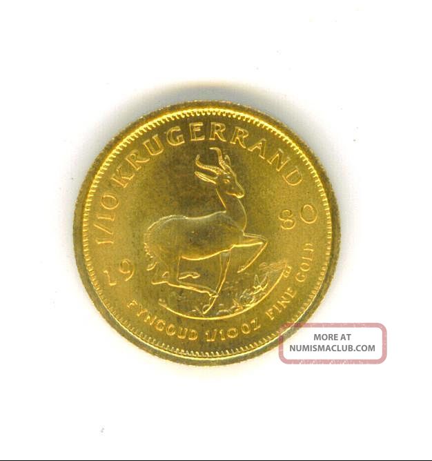 1980 South African 1/10 Ounce Gold Krugerrand In Brilliant Uncirculated Conditon Gold photo
