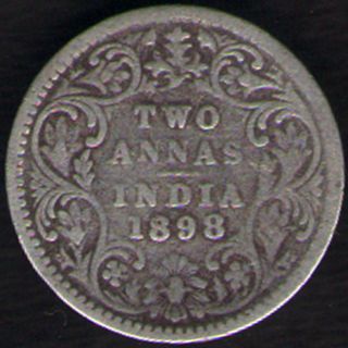 British India 1898 Victoria Empress Two Annas Silver Coin Rare Year photo
