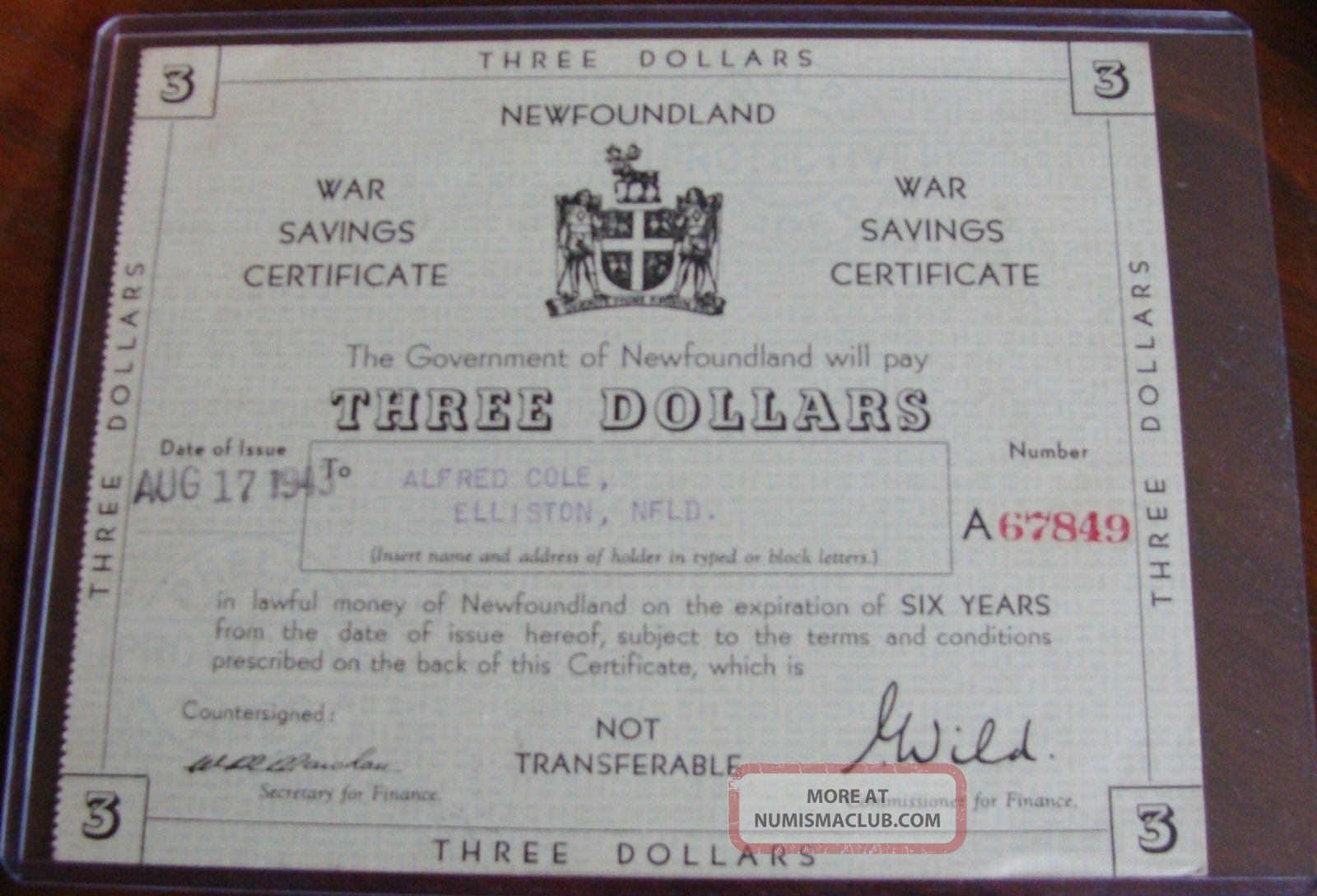 Rare 1943 Government Of Newfoundland $3 War Savings Certificate Choice Coins: Canada photo
