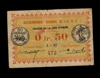 Ivory Coast 0.  50 Franc D.  1917 Pick 1b Fine Banknote. photo