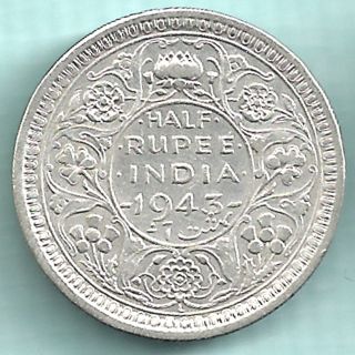 British India - 1943 - King George Vi Emperor - Half Rupee - Rare Silver Coin photo