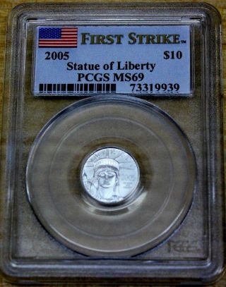 {{{ Platinum Eagle }}} Pcgs Ms - 69,  2005 $10 Statue Of Liberty First Strike photo