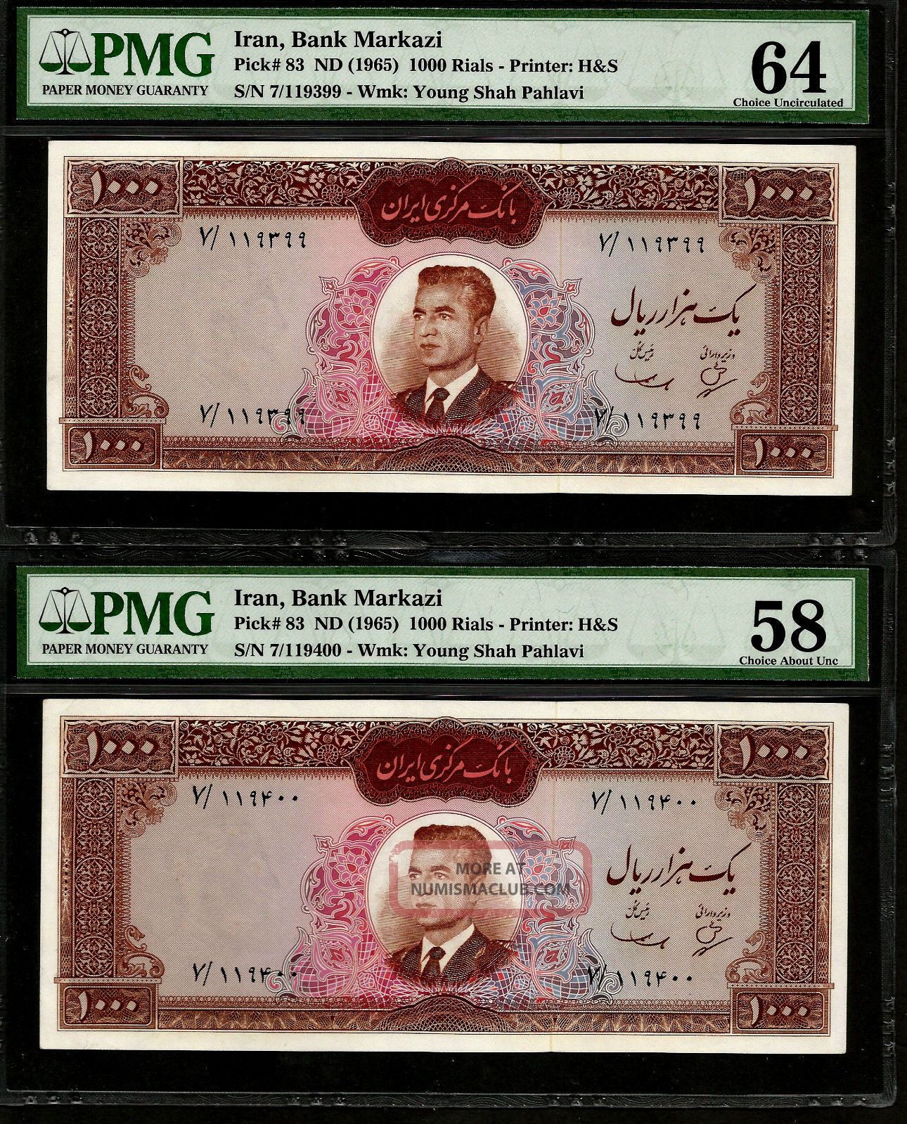 Rare Iran Banknote Pair 1000 Rials,  1965,  P - 83 M.  R.  Shah Pahlavi Pmg 58 And 64 Middle East photo