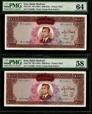 Rare Iran Banknote Pair 1000 Rials,  1965,  P - 83 M.  R.  Shah Pahlavi Pmg 58 And 64 photo