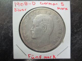 1908 D German Empire Reich 5 Mark Funf Mark Silver Coin photo
