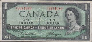 Canada $1 1954 Prefix R/l Que.  Ii Circulated Banknote photo