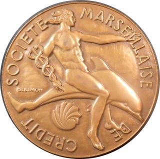 1965 French Marseilles Credit Society Centennial Bronze Medal By G.  Simon photo