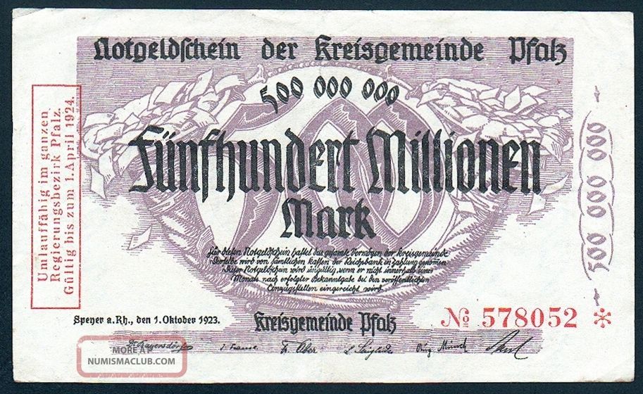 500 Million Mark 1923 Pfalz Serial: 578052 - 