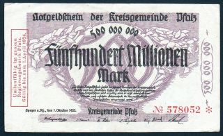 500 Million Mark 1923 Pfalz Serial: 578052 - 