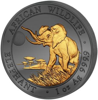 Somalian Elephant Golden Enigma 2016 1 Oz Silver Coin - Ruthenium & Gold Plated photo