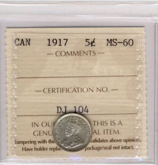 1917 5cents Silver Canada Iccs Dj104 Graded Ms60 photo
