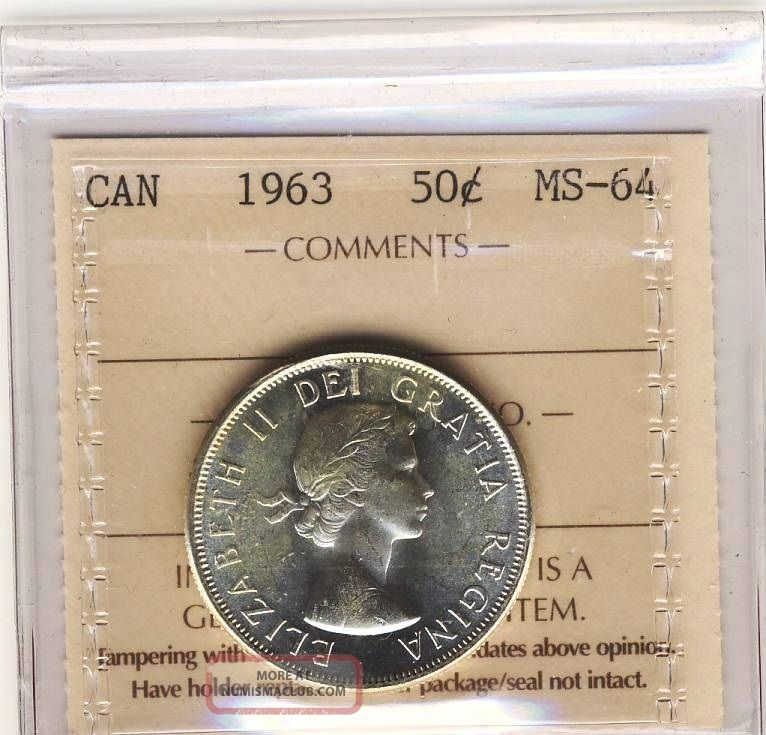 1963 50 Cents Canada Graded Iccs Ir832 Ms64 Coins: Canada photo