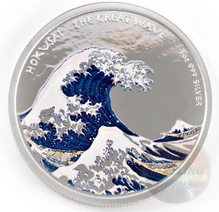 2017 1oz Hokusai Great Wave Off Kanagawa.  999 Silver Color Proof Coin photo