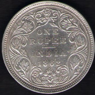 British India 1862 Victoria Empress One Rupee Silver Coin 0/5 Dot Variety Rare photo
