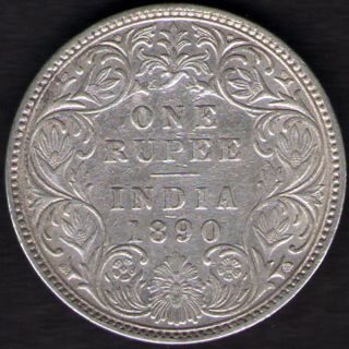 British India 1890 Victoria Empress One Rupee Silver Coin Rare Year photo