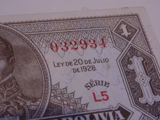 Uncirculated Bolivia Un Boliviano - Ley De 20 De Julio De 1928 Banknote photo