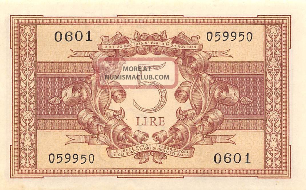 Italy 5 Lire 23.  11.  1944 Series 0601 Wwii Issue Circulated Banknote E30w Europe photo