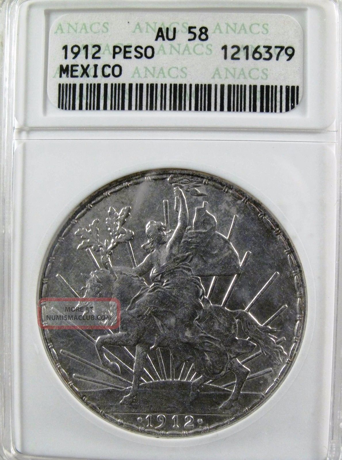 Mexico 1912 Silver Caballito Peso, Anacs Au 58 A Coin.