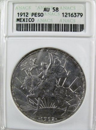 Mexico 1912 Silver Caballito Peso,  Anacs Au 58 A Coin. photo