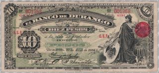 Mexico Ten Pesos,  1914 The Bank Of Durango, . photo
