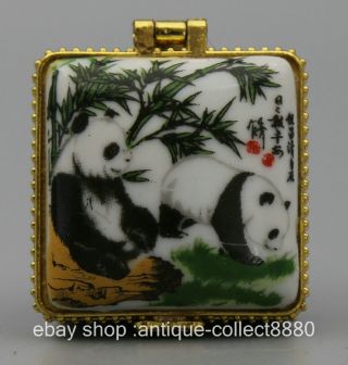 45mm Chinese Colour Porcelain Two Giant Panda Play Bamboo Fashion Jewelry Box photo