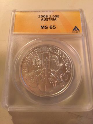2008 Austrian Silver Philharmonic Coin - Anacs Ms - 65 - Inaugural Year photo