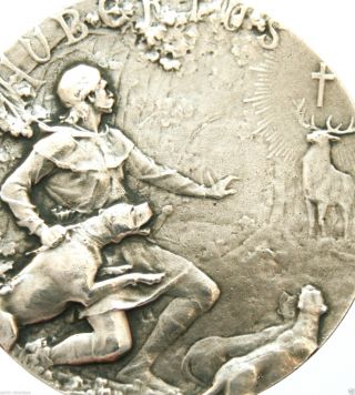 Splendid Large Antique Silver Art Medal To Saint Hubert Signed Huguenin photo
