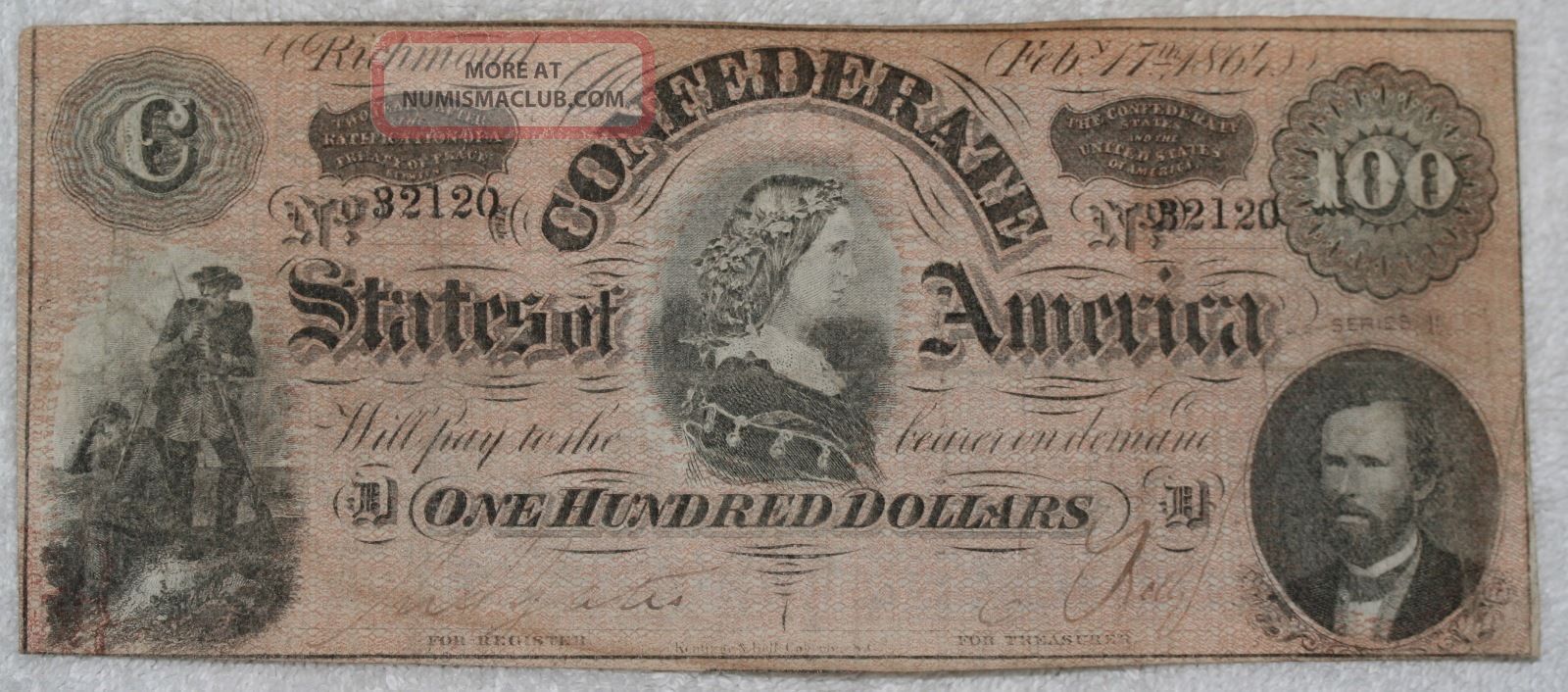 Confederate Currency $100 One Hundred Dollar Denomination February 17,  1864 Paper Money: US photo