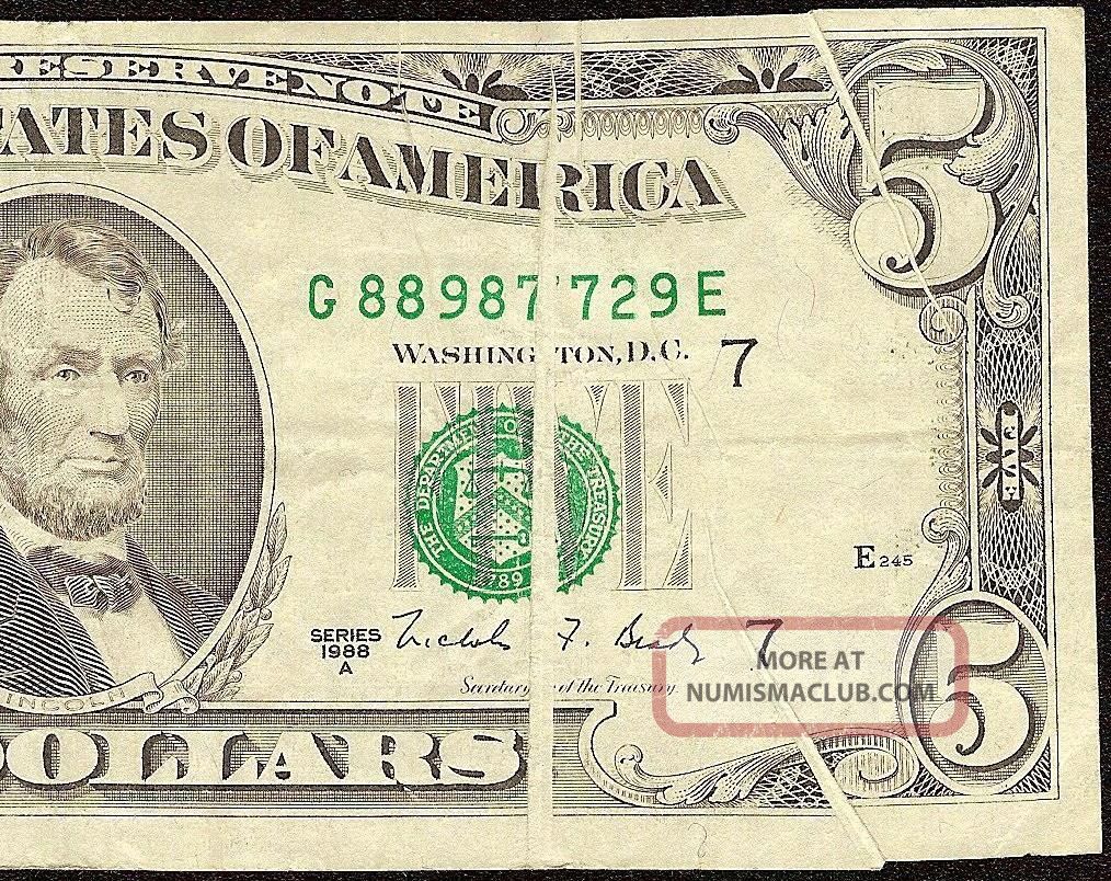 1988 A $5 Dollar Bill Gutter Fold Error Federal Res Note Us Currency Paper Money Paper Money: US photo