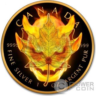 Burning Devil Maple Leaf Fire Black Ruthenium 1 Oz Silver Coin 5$ Canada 2016 photo