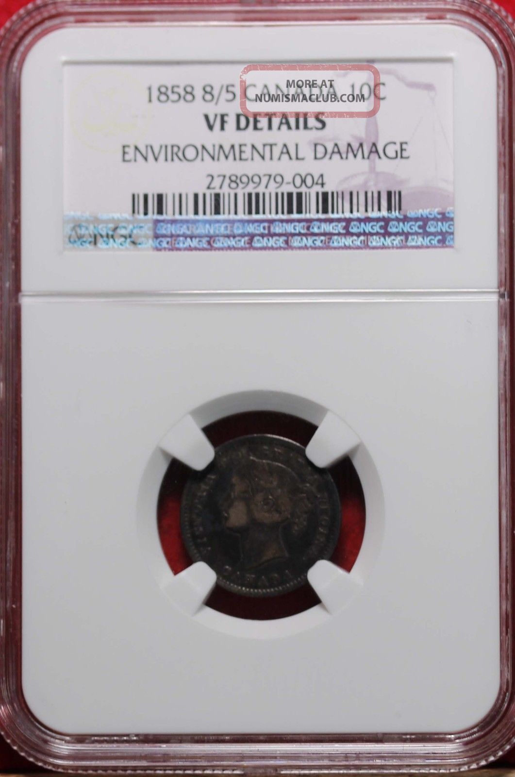 1858 8/5 Canada 10 Cents Silver Graded Vf Details Environmental Damage By Ngc Ten Cents photo