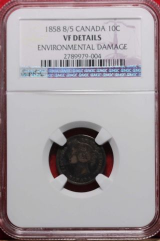 1858 8/5 Canada 10 Cents Silver Graded Vf Details Environmental Damage By Ngc photo