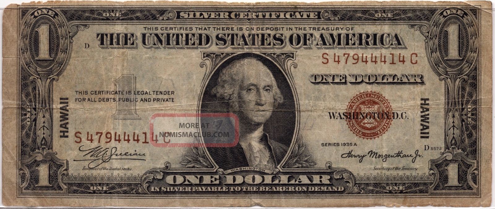Series 1935 A Brown Seal One Dollar Silver Certificate $1 Hawaii Ww2 Note Small Size Notes photo