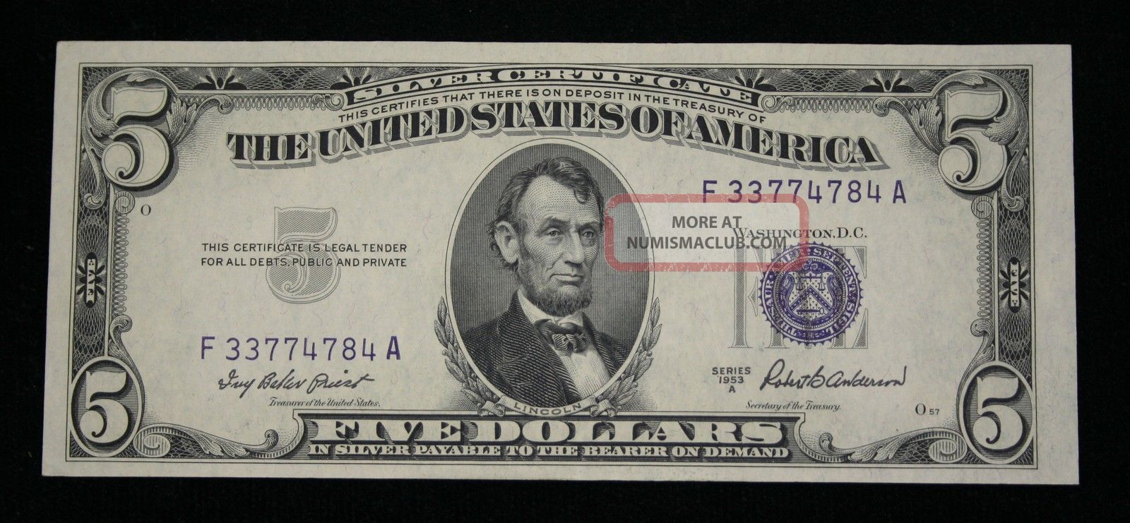 1953 A $5 Silver Certificate,  Blue Seal,  Circulated Xf Small Size Notes photo