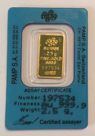 2.  5 Gram Pamp Suisse Gold Bar.  9999 Fine (in Assay) - Lady Fortuna photo