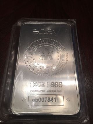 10 Oz Royal Canadian Rcm.  9999 Fine Silver Bar photo