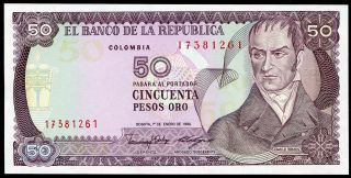 Colombia 50 Pesos Oro 1/1/1986 P - 425b Unc Uncirculated Banknote photo