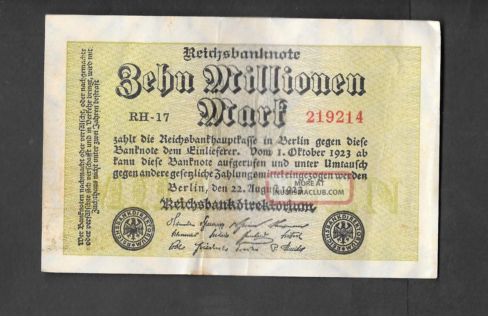 Germany,  10 Million Mark Banknote 1923 High Inflation Currency Europe photo