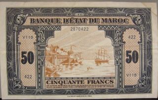 1943 Morocco,  Bank Of,  50 Francs,  Circulated,  Crisp U.  S photo