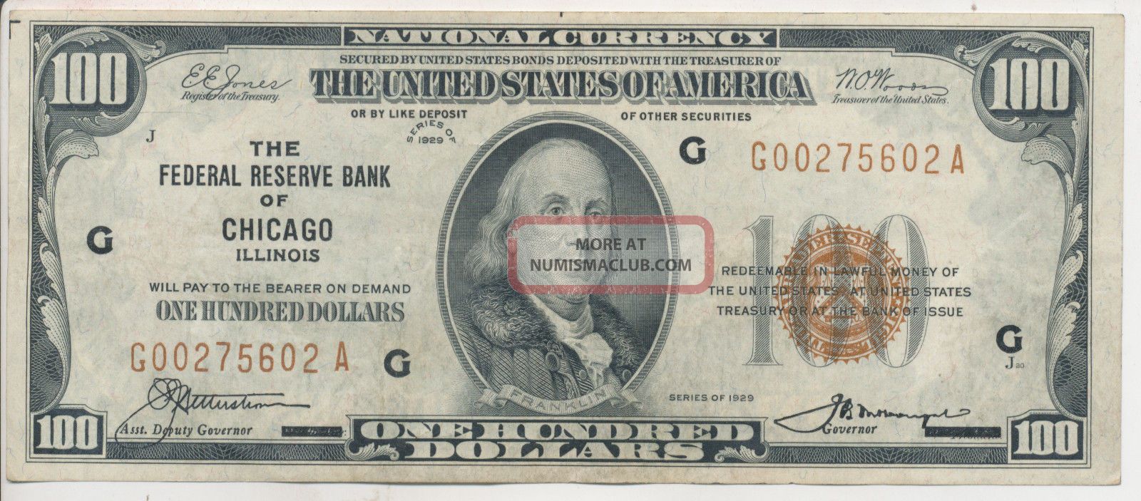 1929 $100 Federal Reserve Bank Of Chicago National Currency Paper Money: US photo