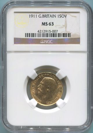1911 Great Britain Gold Sovereign,  Ngc Ms63.  King George V photo