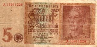 Xxx - Rare 5 Reichsmark Nazi Banknote 1942 Eagle & Swastika Ok Cond photo