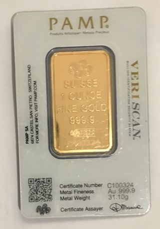 1 Oz Pamp Suisse Gold Bar 99.  99 Fine Gold In Assay With Assayer,  Certificate photo