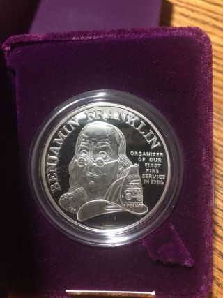 1992 - P Ben Franklin Firefighters 1 Oz Proof Silver Medal In Capsule W/ Box & photo