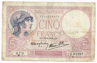 1939 France 5 Francs Note - P83 photo