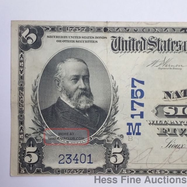 $5 1902 Sioux City Iowa Large National Currency Note Blue Seal Five Dollar Paper Money: US photo