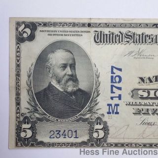 $5 1902 Sioux City Iowa Large National Currency Note Blue Seal Five Dollar photo